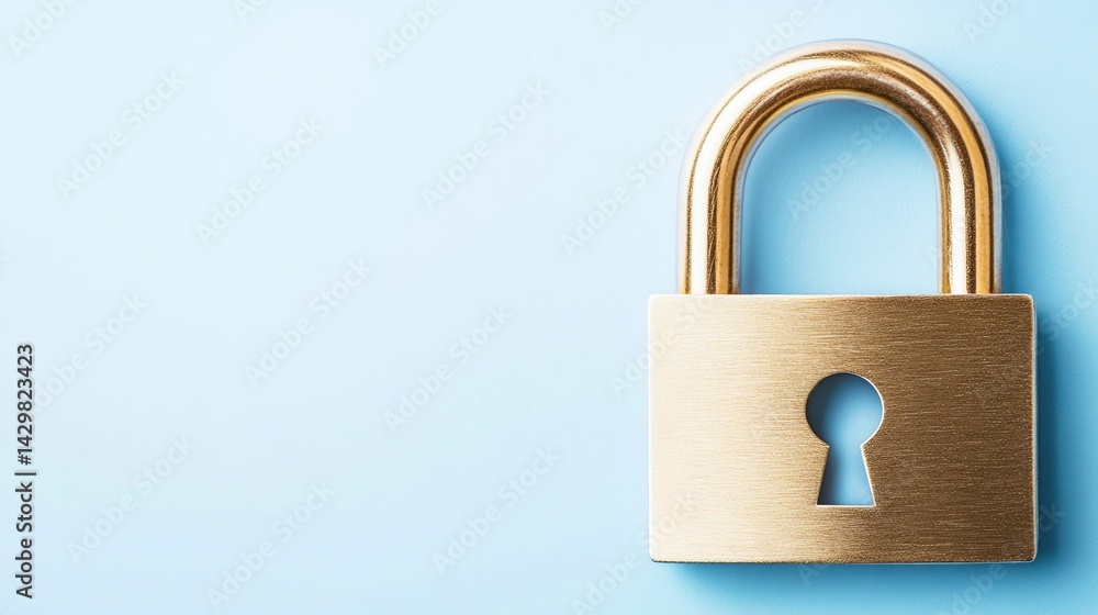 Fototapeta premium A close-up image of a golden padlock against a light blue background, symbolizing security and protection.