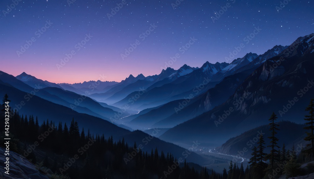 Obraz premium Serene Night in the Mountains: A Starry Panorama of Majestic Peaks