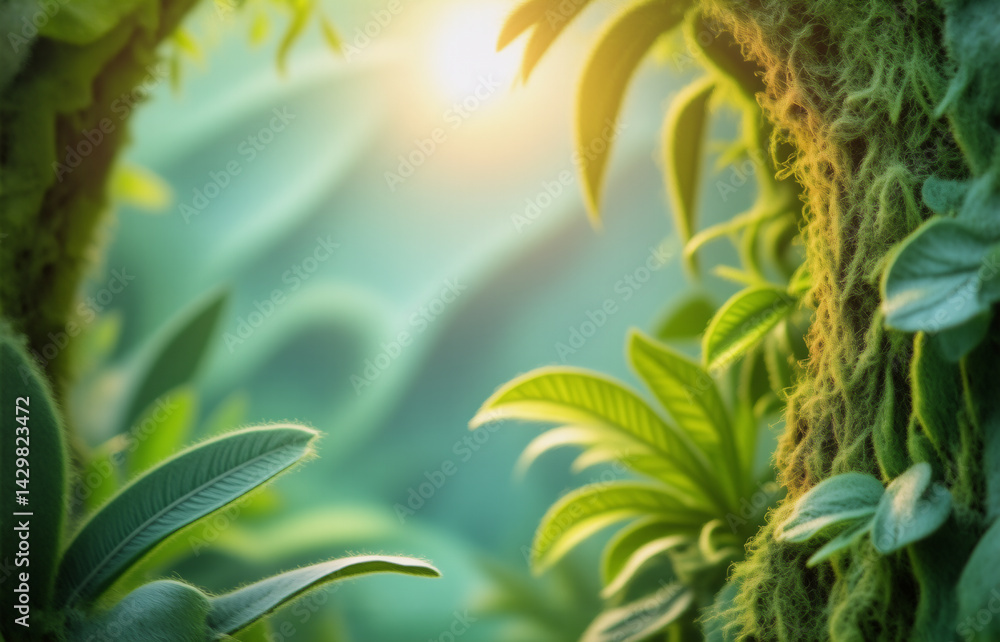 Obraz premium Sunlit jungle scene. Lush green foliage, vines, and moss cover ancient tree trunks. A hazy, mystical atmosphere permeates the vibrant, tropical setting.