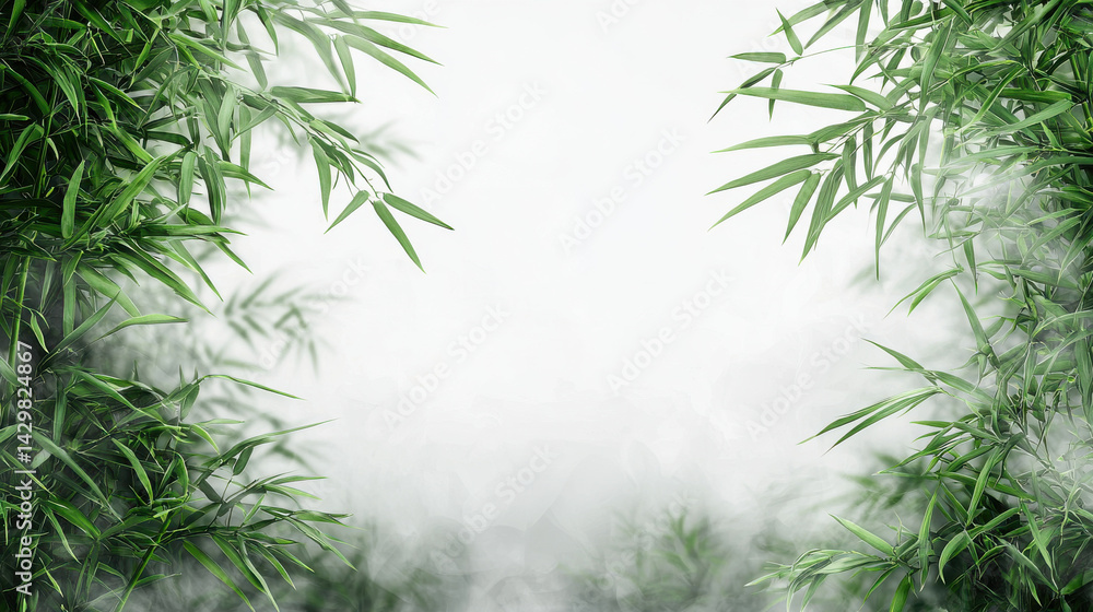 Green bamboo leaves with misty white background, serene and copy space Green bamboo leaves with misty white background, serene and copy space