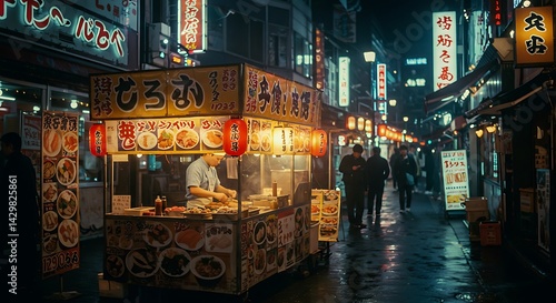 Illuminated street food stall with vibrant glow in the heart of Tokyo's nightlife