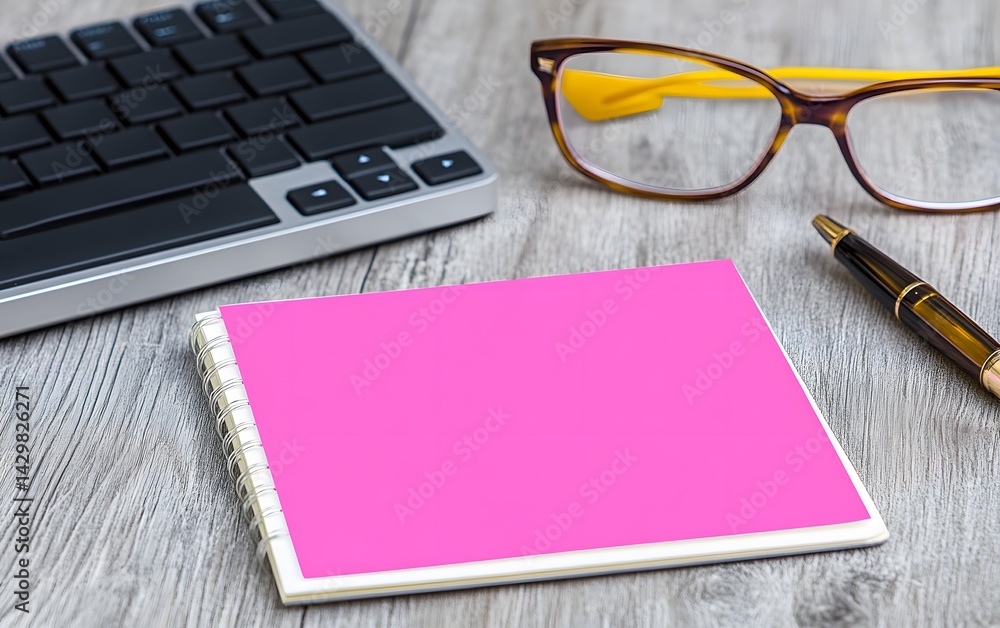Pink Notepad Mockup Workspace Keyboard Glasses Pen Pink Notepad Mockup Workspace Keyboard Glasses Pen
