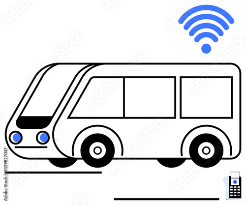 Modern bus with wheels and windows, wireless signal icon, and a digital ticketing device. Ideal for transport, technology, smart cities, digital payment, innovation communication mobility. Flat