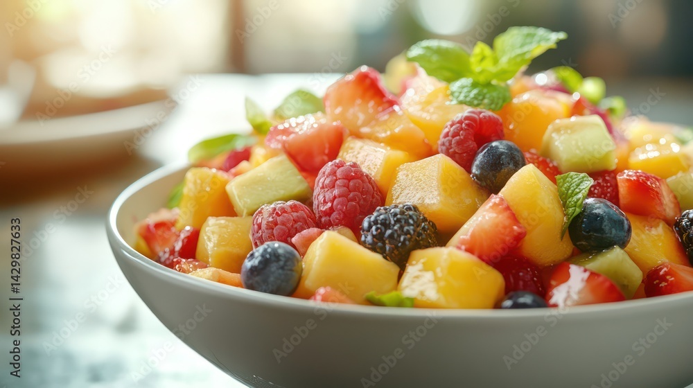 Colorful fruit salad in a bowl on a table Colorful fruit salad in a bowl on a table