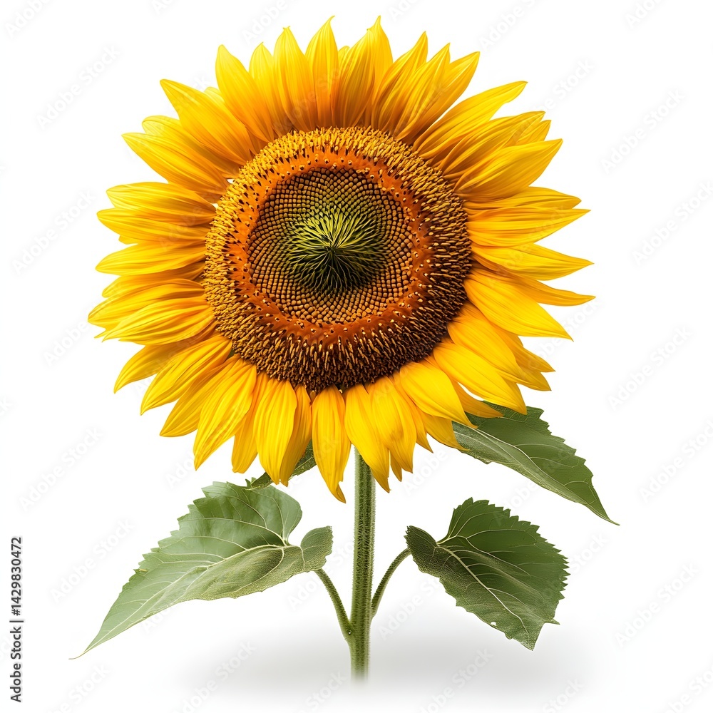 Fototapeta premium Radiant sunflower in full bloom, showcasing vibrant yellow petals and a textured brown center against a clean white backdrop. Summer's beauty. Mythical creature isolated on a white background.