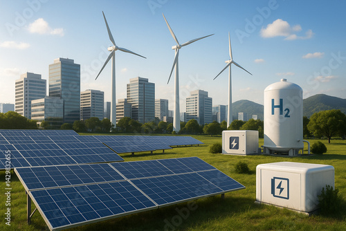 Modern renewable energy landscape featuring solar panels, wind turbines, and a hydrogen storage tank set against the backdrop of a city skyline and green hills.