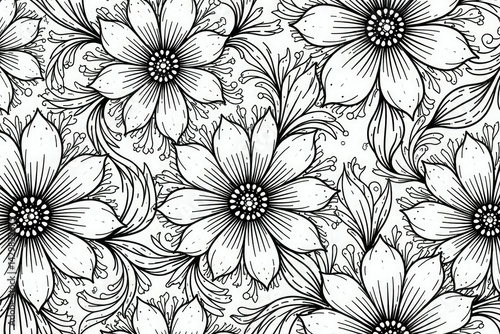 Intricate line art floral pattern, black and white, elegant, geometric, retro
