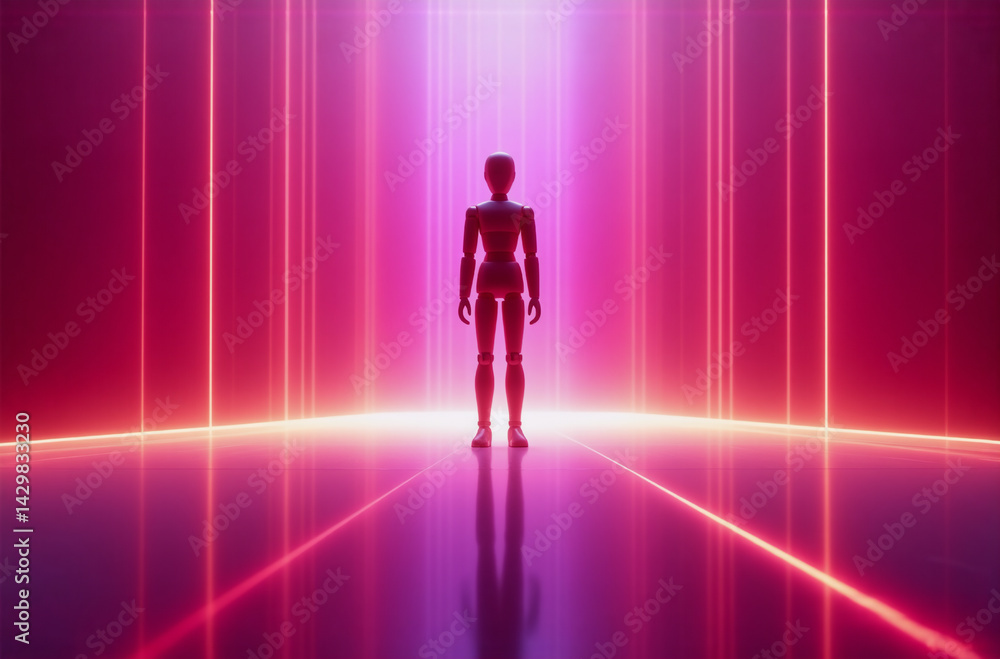 A figure stands silhouetted against a bright light source, framed by vertical red glowing lines. A reflective surface creates depth in this abstract, futuristic scene. A figure stands silhouetted against a bright light source, framed by vertical red glowing lines. A reflective surface creates depth in this abstract, futuristic scene.