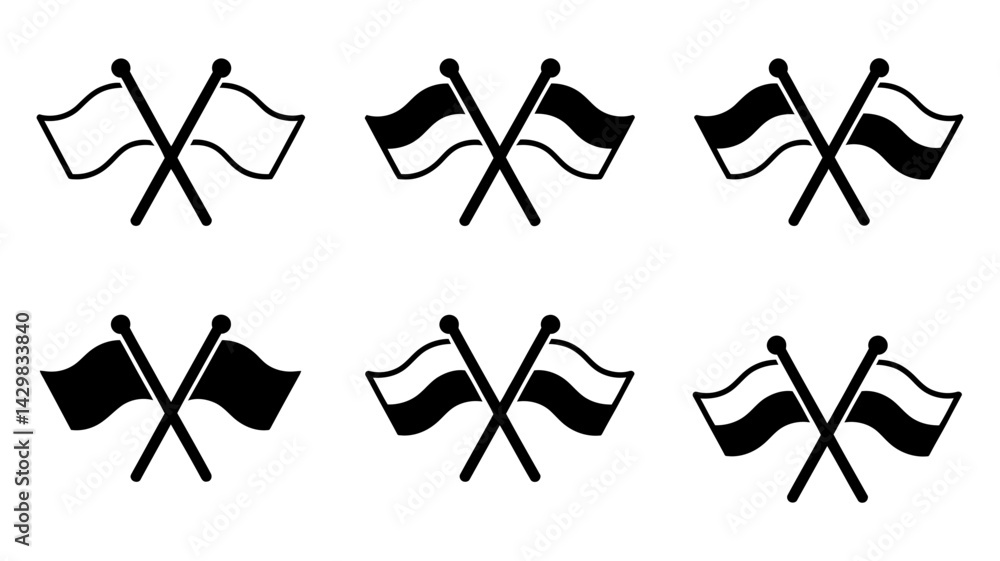 Three Variations Of Black and White Flags Crossed On White Background. Three Variations Of Black and White Flags Crossed On White Background.