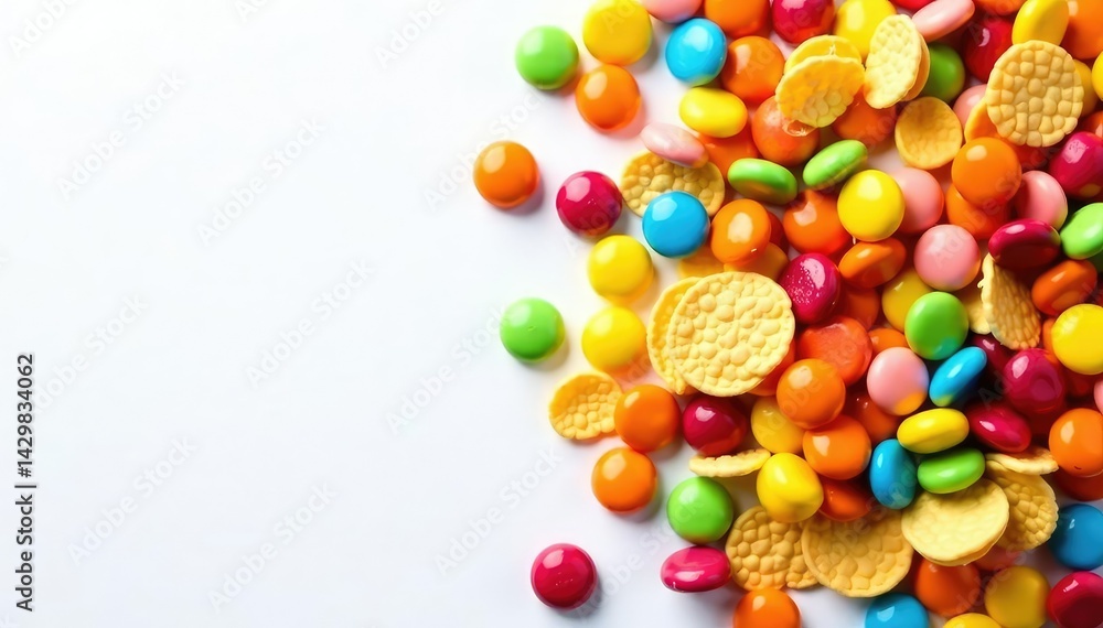 Obraz premium Pile of colorful candy, chips, and soda on white , tasty, treats, fat