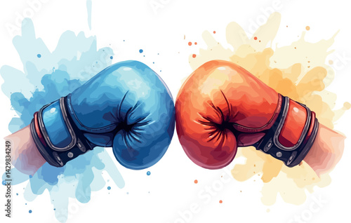  two boxing gloves, one blue and one orange, facing each other knuckles-first, nearly making contact.