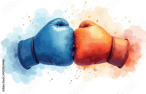  a dynamic illustration of two boxing gloves, one blue and one orange, meeting knuckles-first in the center. 