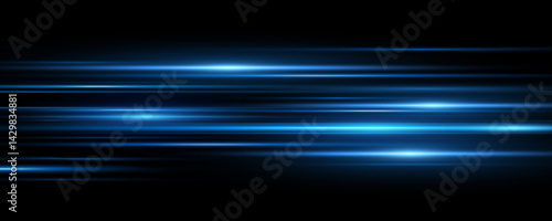 Abstract light effect of horizontal rays on black background. Moving fast laser beams of light. Lens flare backdrop. Glowing blue stripes in the dark. Vector illustration