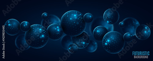 Futuristic levitating 3d spheres textured with pattern of cyber hexagons. Fintech background for Business or Science online webinar. Abstract backdrop for web forum presentation. Vector illustration