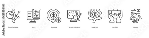 Market Strategy icon sheet stock exchange, stock, buyback, technical analysis, stock split, portfolio, merger
