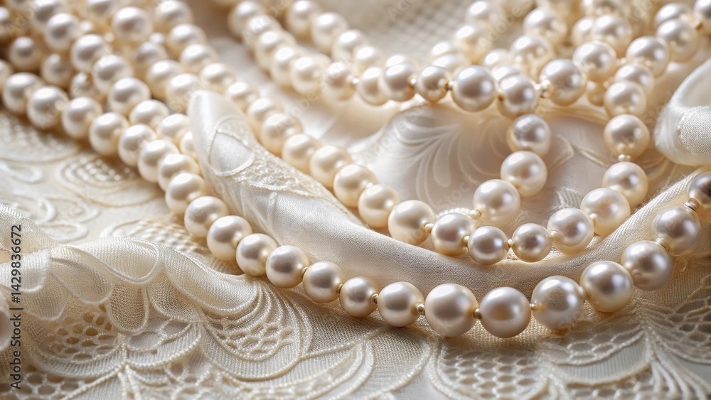 Obraz premium Elegant pearl necklace draped over a delicate lace fabric, showcasing intricate patterns and subtle shine, delicate accessories, pearl necklace