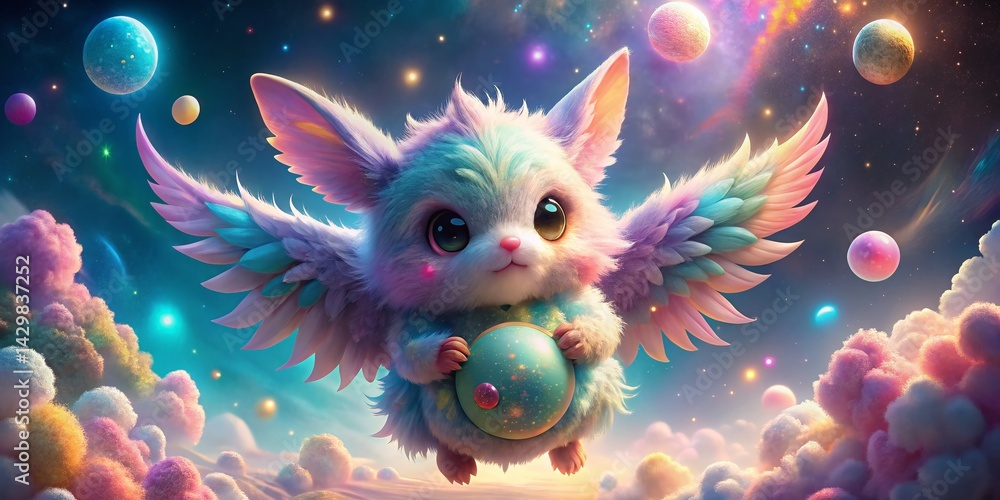 Adorable Fantasy Creature Aerial View Holding Celestial Orb - Magical Fantasy Stock Photo Adorable Fantasy Creature Aerial View Holding Celestial Orb - Magical Fantasy Stock Photo