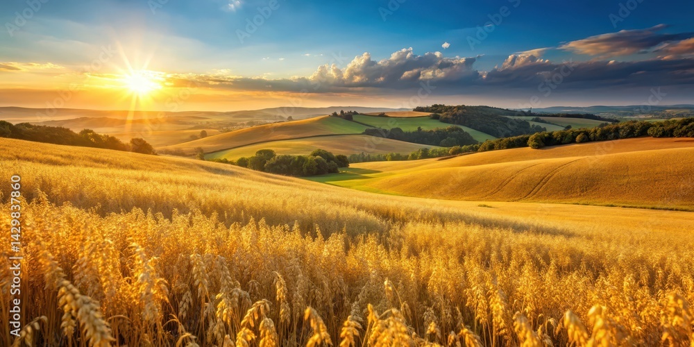 Rolling hills with a sea of golden oats swaying gently in the breeze