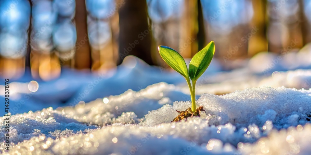 A small sprout emerges from a patch of snow in a forest clearing
