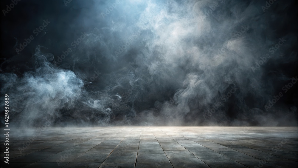 empty floor with smoke on dark background, desolate landscape