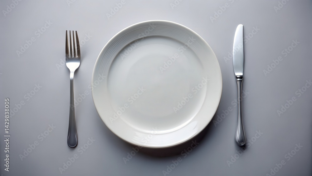 A solitary fork lies next to a clean plate with no visible food, contrasting against a plain background, isolated from any distracting elements , utensil alone, empty plate