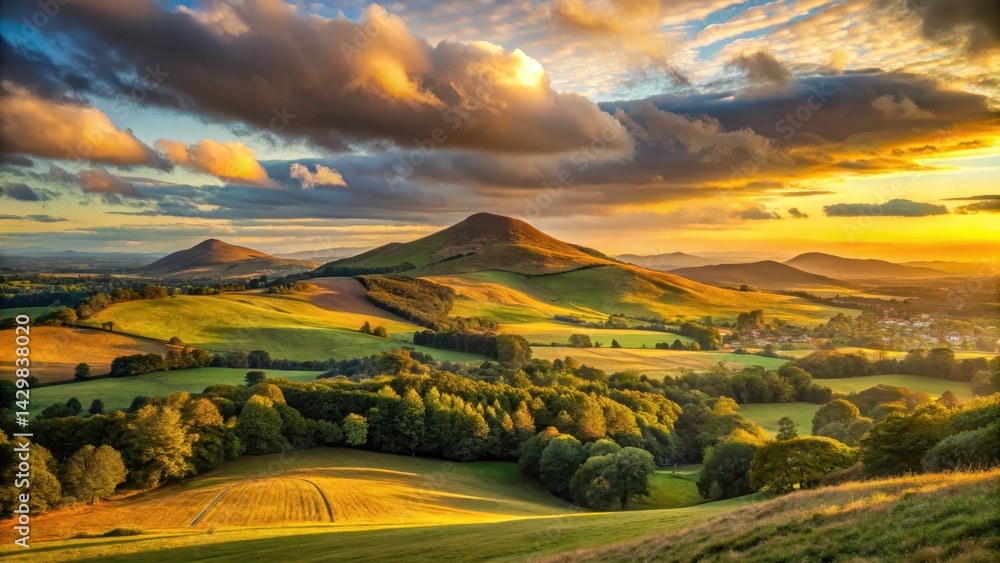 Soft golden light illuminates the Eildon Hills as a glowing sky appears in the distance , Landscape