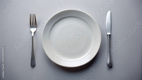 Obraz na płótnie A solitary fork lies next to a clean plate with no visible food, contrasting against a plain background, isolated from any distracting elements , utensil alone, empty plate w salonie