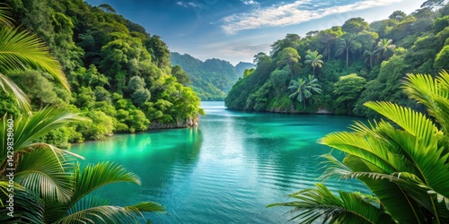 Obraz na płótnie Exotic Teal Leaf Archipelago, nature scenery, tropical vegetation, nature scenery w salonie