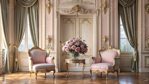 Elegant palace interior with ornate furniture and intricate moldings, set against a soft pink rose bouquet and velvet drapes, Luxury Palace Interior, Grandeur