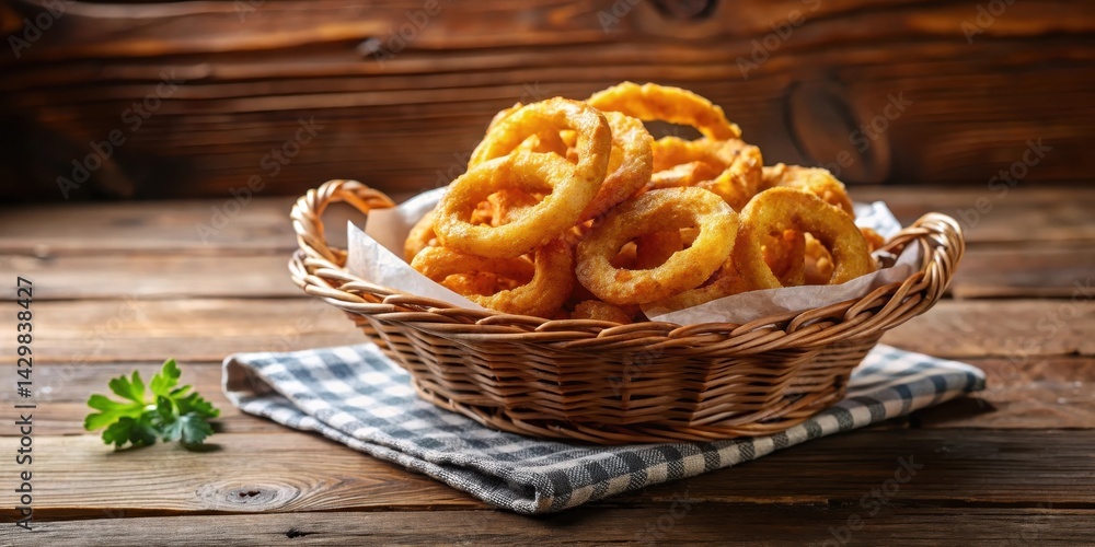 Crispy fried onion rings in a wicker basket on a wooden table , basket, crispy food, basket, crispy food, wicker