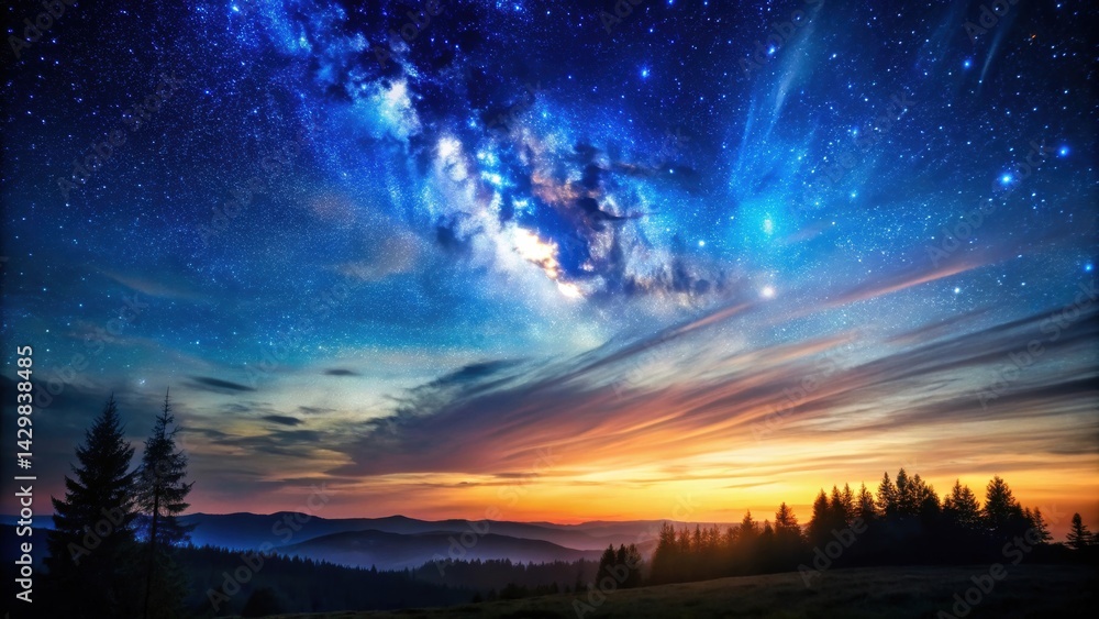 Fototapeta premium Dark blue night sky with vibrant stars and wispy clouds floating gently above the horizon, set against a backdrop of rolling hills and trees in silhouette, nocturnal skies, celestial bodies