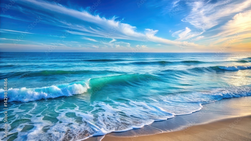 Softly undulating blue ocean waves gently lap at the shoreline, creating a soothing and calming visual effect that evokes feelings of serenity and tranquility , wave, natural