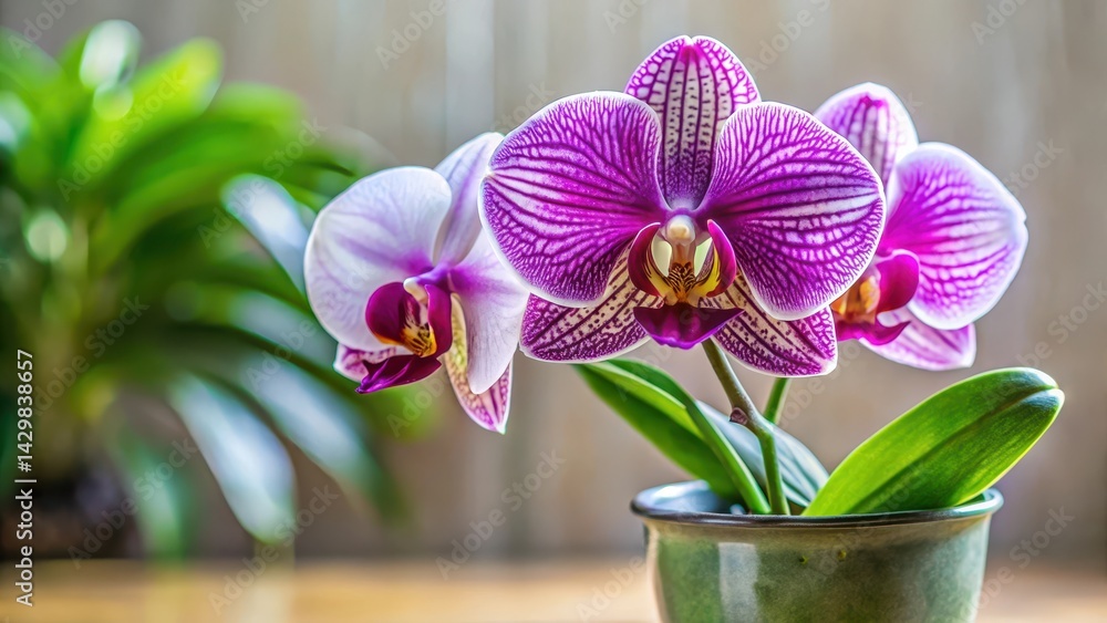 Large, exotic orchid with purple and white petals unfolding from a green stem in a vase, floral, blooms, floral, blooms
