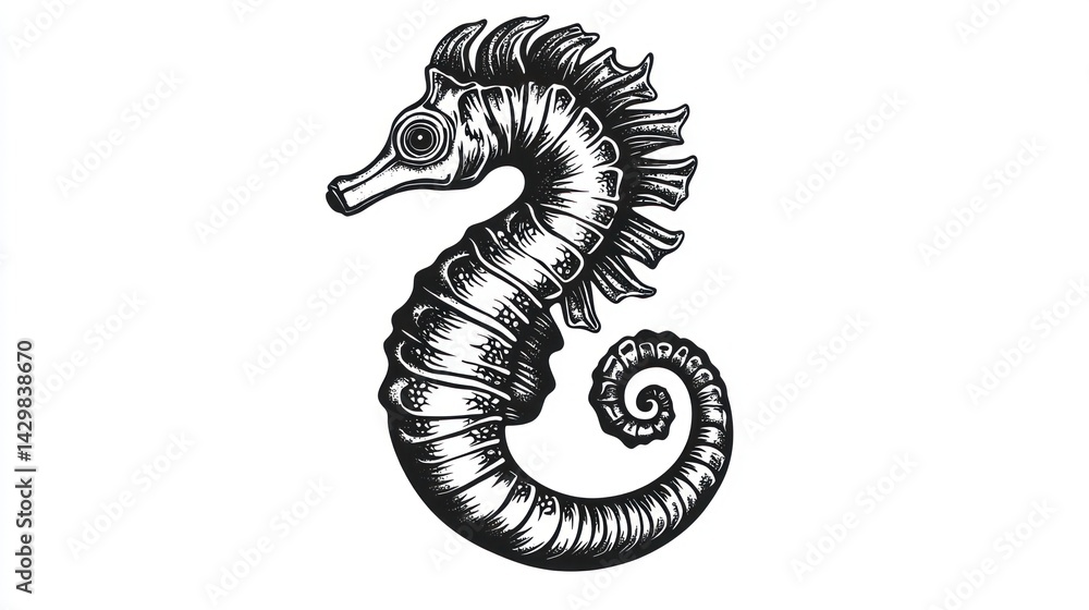 Fototapeta premium Detailed engraving of seahorse in profile on white background for nautical design