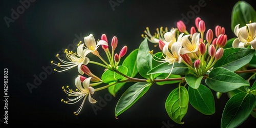 Delicate honeysuckle flowers with green leaves on a black background, green, petal,  green, petal, dark, simplicity,flowers
