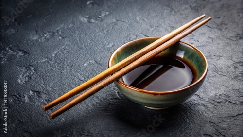 Obraz na płótnie A pair of traditional Chinese chopsticks placed in a delicate ceramic bowl filled with savory soy sauce on a dark granite countertop, ceramic, soy sauce w salonie