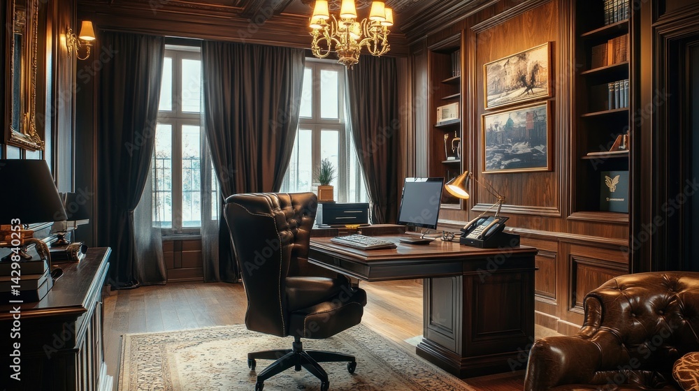 Fototapeta premium Luxurious Classic Wood Panelled Home Office with Leather Chair and Large Windows