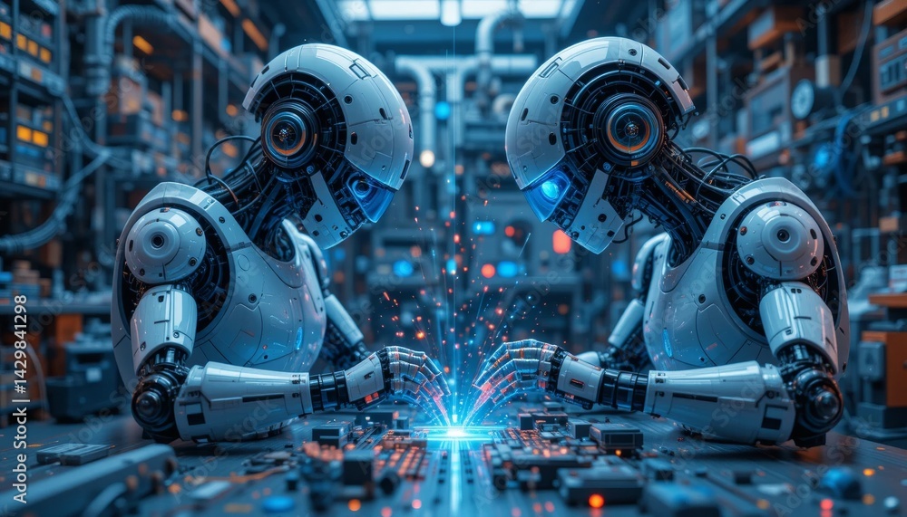 Advanced robotics collaboration in a high-tech laboratory futuristic science environment dynamic interaction cutting-edge technology concept Advanced robotics collaboration in a high-tech laboratory futuristic science environment dynamic interaction cutting-edge technology concept