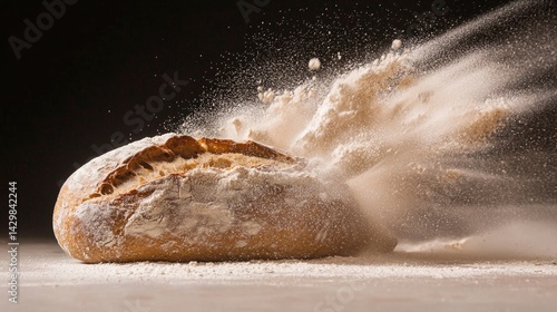 A loaf of bread bursts apart, sending flour flying, capturing a moment of dynamic action and freshness in baking.