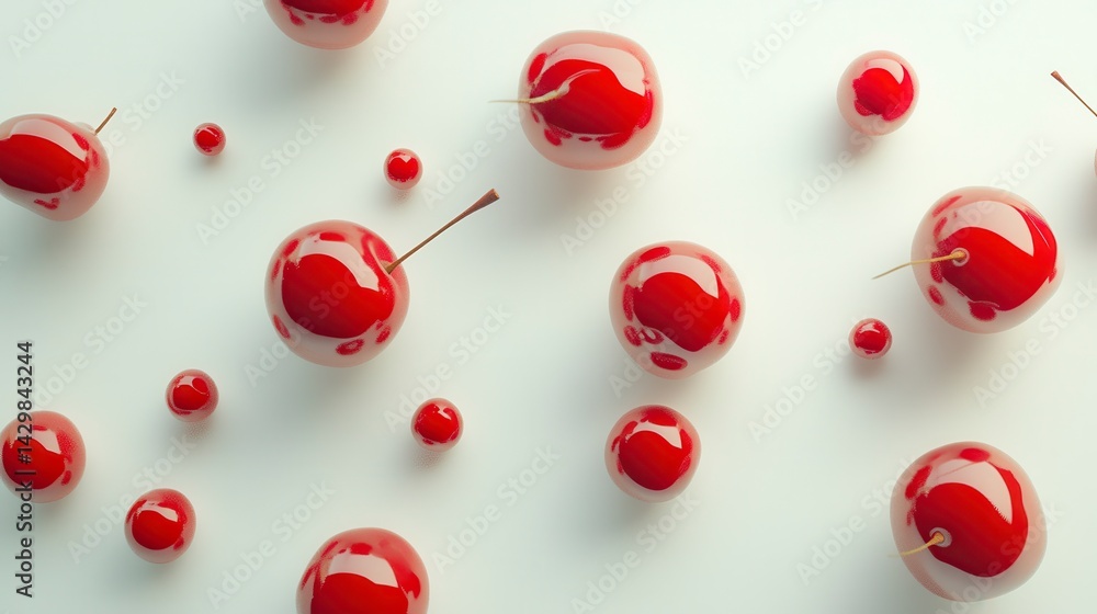 Glossy red spheres scattered on white background. Glossy red spheres scattered on white background.