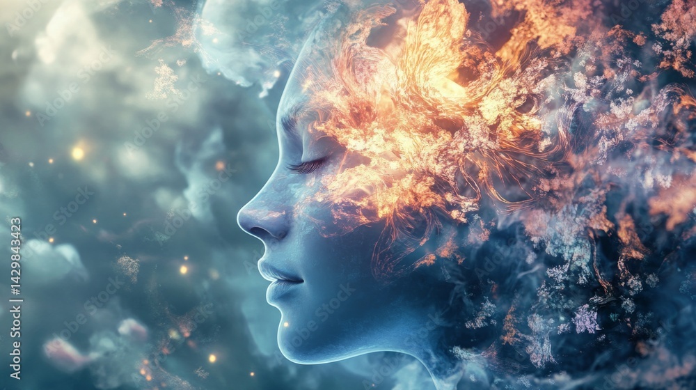 Abstract digital art of a woman's face with fire and clouds. Abstract digital art of a woman's face with fire and clouds.