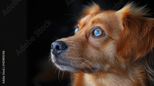 a silhouette image of a dog's head, blue eyes, golden hairï¼ŒOpen your mouth wideï¼Œblack background, rim light