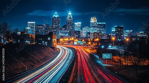 Nightscape of Charlotte City Skyline with Highway Traffic Light Streaks and Modern Architecture