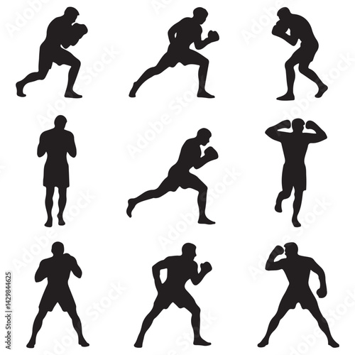 set of black boxer, kickboxing kick boxer boxing men, boxer throwing a punch silhouettes