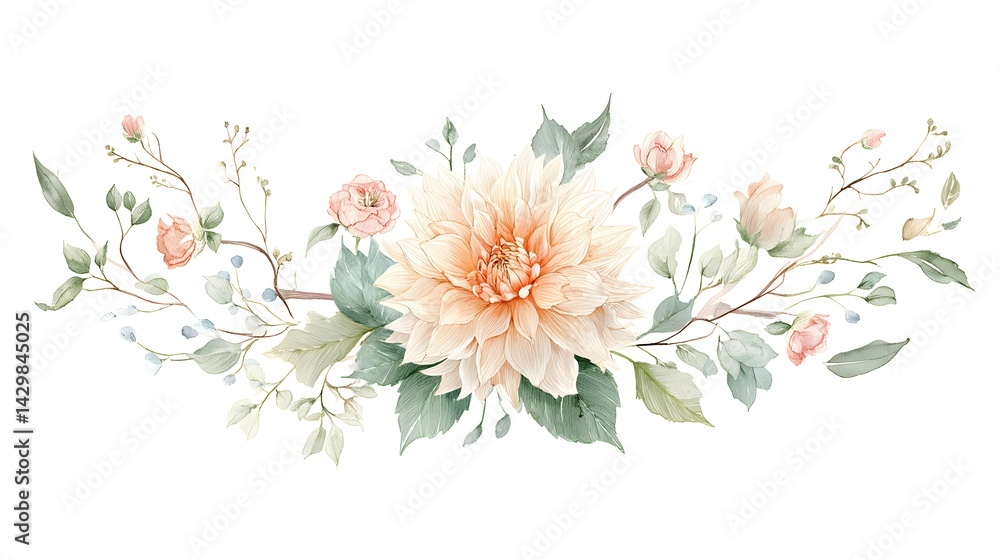 Fototapeta premium Dahlia Floral Arrangement with Pastel Roses, Eucalyptus Leaves and Delicate Twigs