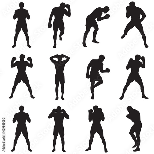 set of black boxer, kickboxing kick boxer boxing men, boxer throwing a punch silhouettes