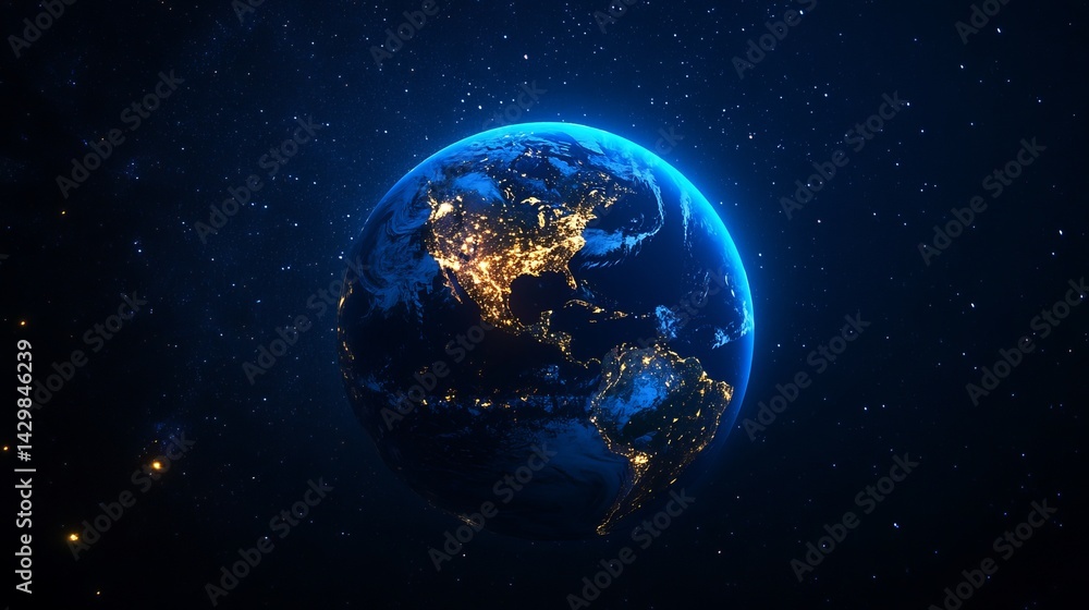 Obraz premium Earth illuminated with city lights viewed from space against a backdrop of stars and deep blue hues