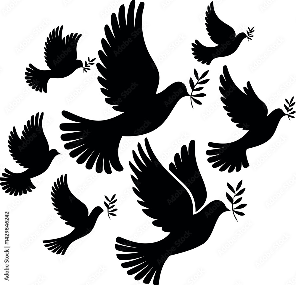 Obraz premium a dynamic arrangement of seven black silhouettes depicting doves in flight. 