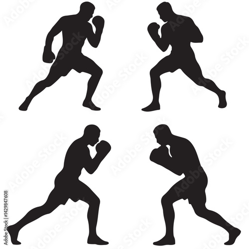 set of black boxer, kickboxing kick boxer boxing men, boxer throwing a punch silhouettes