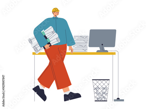 Worker carrying a sketch to the office. Busy People illustration. Flat vector illustration concept.